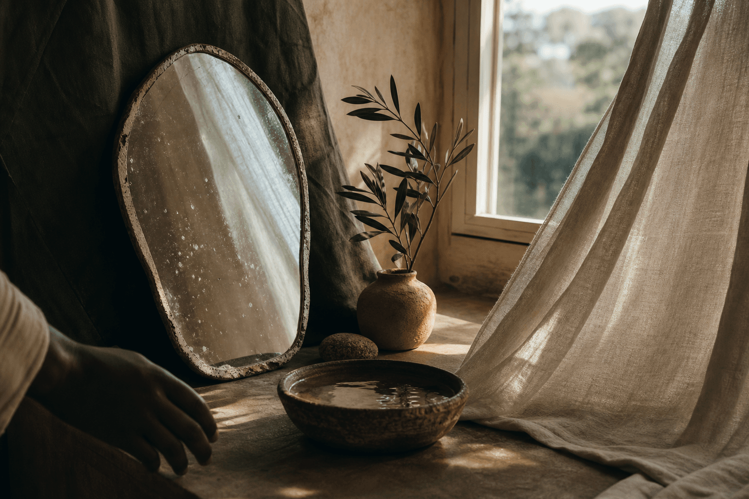 A timeworn mirror, linen, water, and a leafy branch resting in quiet window light